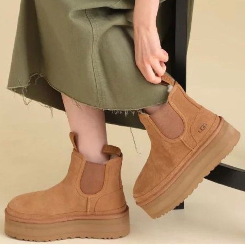 🔴SOLD Ugg Neumel Platform Chelsea Boots Chestnut Suede Shearling Sheepskin - Picture 1 of 15